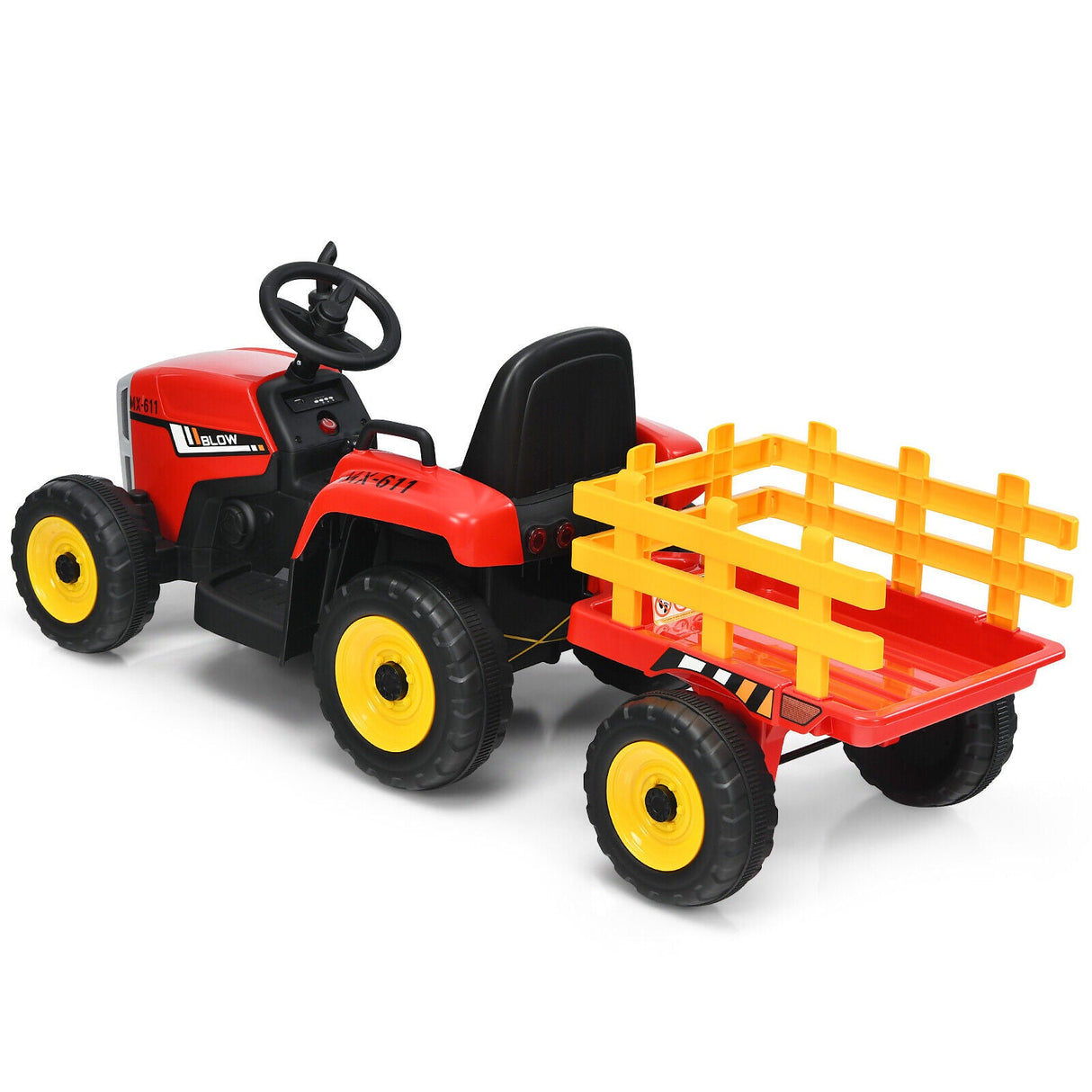 Red 12V Kids Ride On Tractor with Trailer, Remote Control, and LED Lights