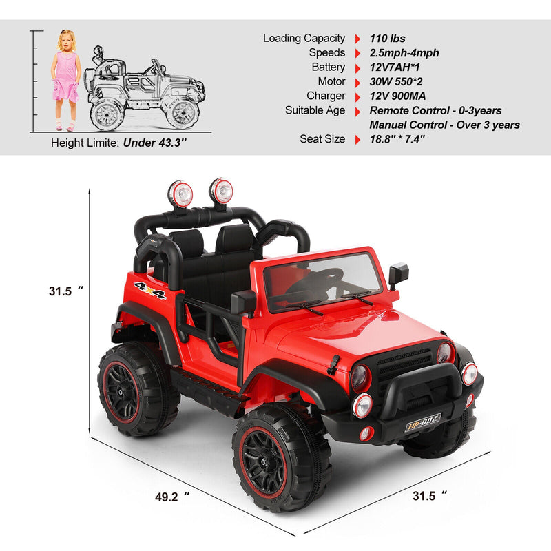 12V Two-Seater Electric Kids Ride On Car Truck with LED Lights, Music, Cover, and Remote Control