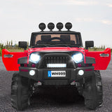 Red 12V RC Ride-On Truck with Spring Suspension, Lights, and Music for Kids