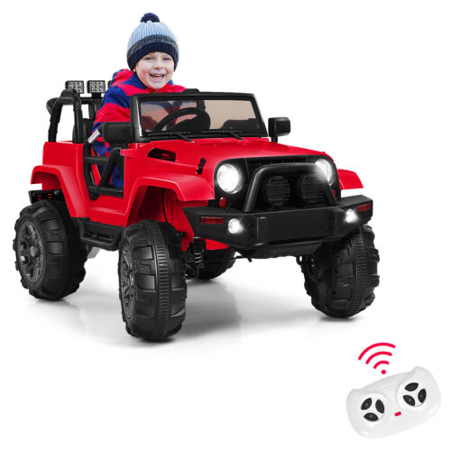 Red 12V Ride On Truck for Kids with Remote Control, MP3 Music, and LED Lights