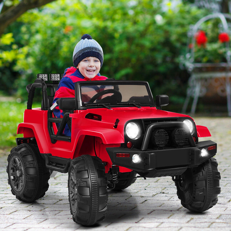 Red 12V Ride On Truck for Kids with Remote Control, MP3 Music, and LED Lights