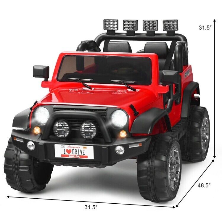 Red 2-Seater Ride-On Car Truck with Remote Control, LED Lights, and Storage Room - 12V