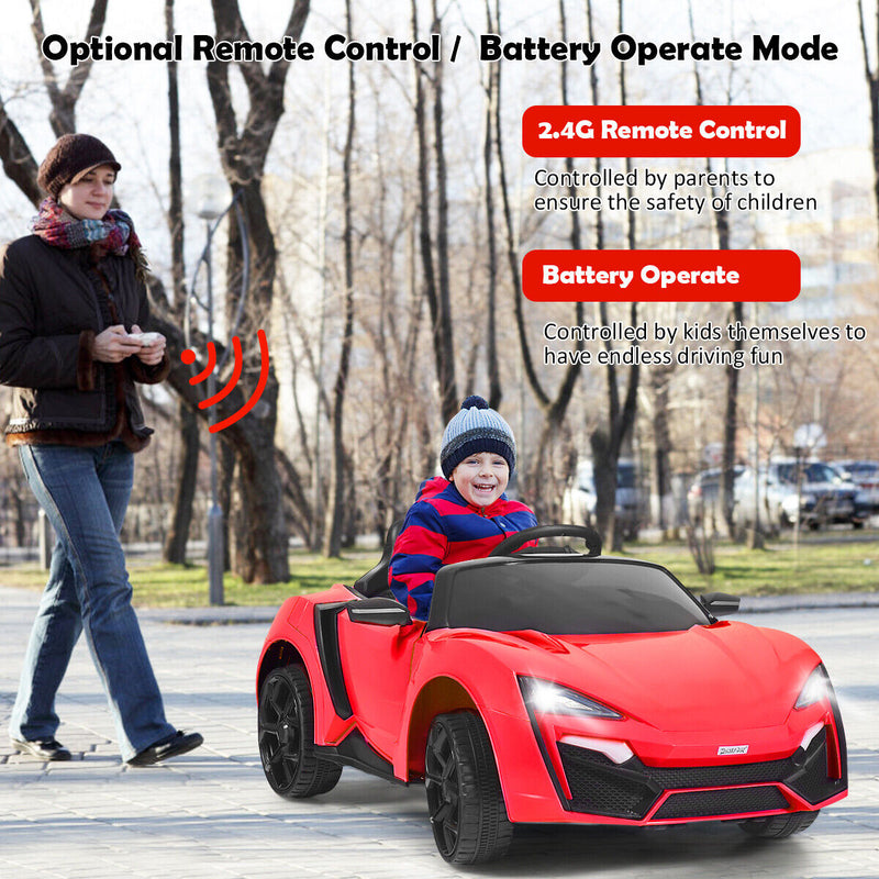 Red 2.4G RC Electric Ride-On Car for Kids with Light, Music, and Openable Doors