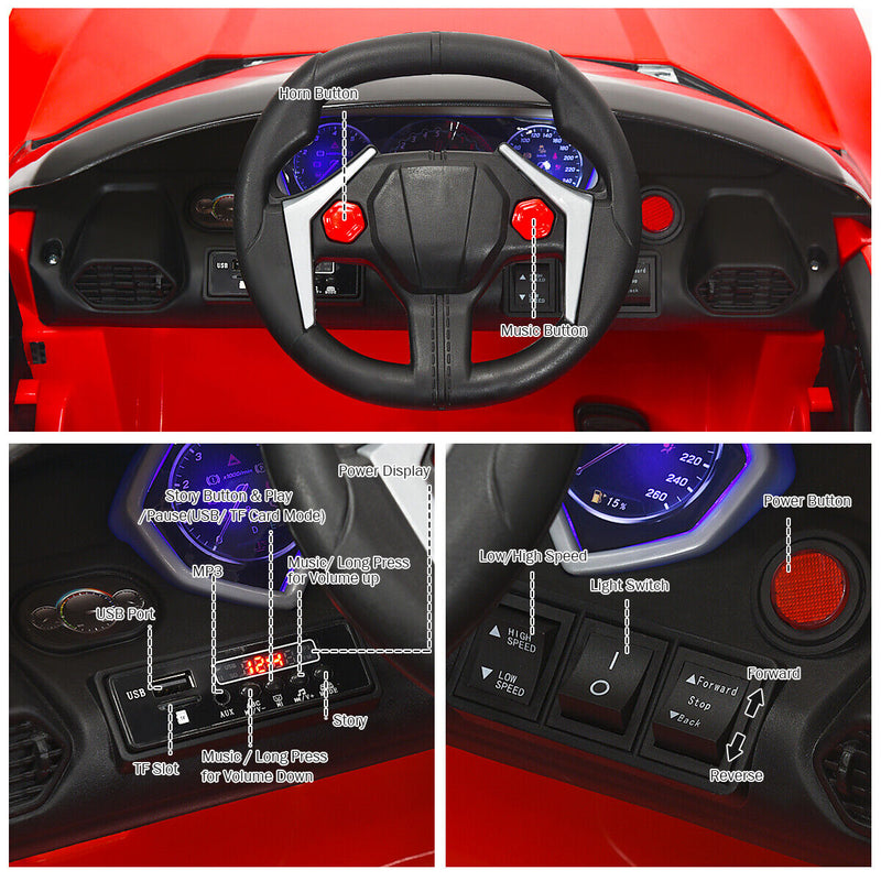 Red 2.4G RC Electric Ride-On Car for Kids with MP3, Lights, and Openable Doors