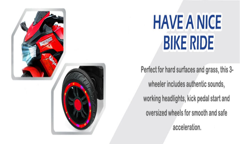 Red 3-Wheel Electric Motorcycle for Kids with Rechargeable 12V Battery