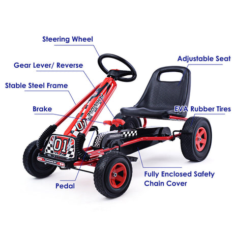 Red 4-Wheel Pedal Go Kart for Kids with Adjustable Seat - Honeyjoy Ride On Toy