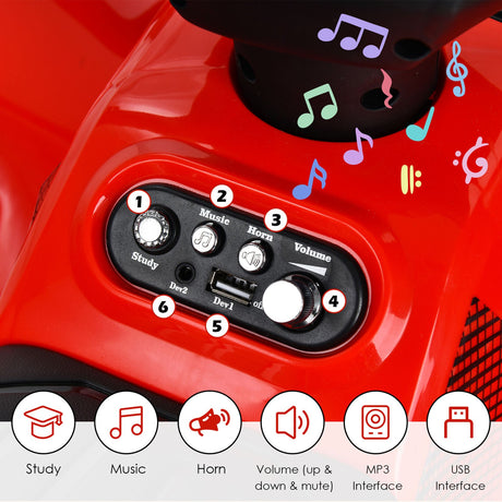 Red 6V Quad Ride-On Car for Kids with Music, Horn, and LED Lights