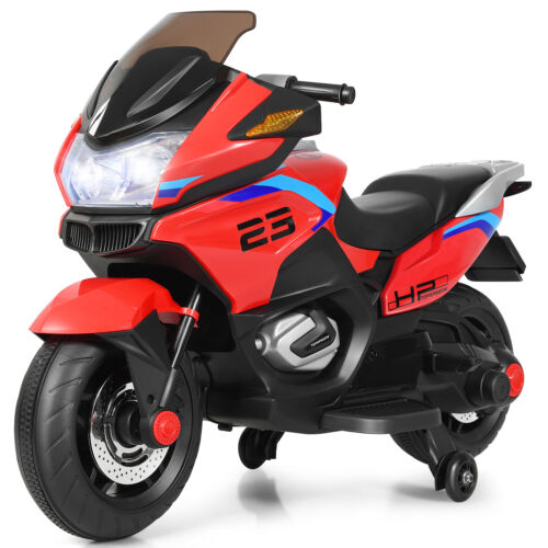 Red Electric Motor Bike for Kids with Training Wheels and Lights - 12V Ride On Motorcycle