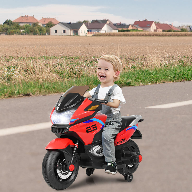 Red Electric Motor Bike for Kids with Training Wheels and Lights - 12V Ride On Motorcycle