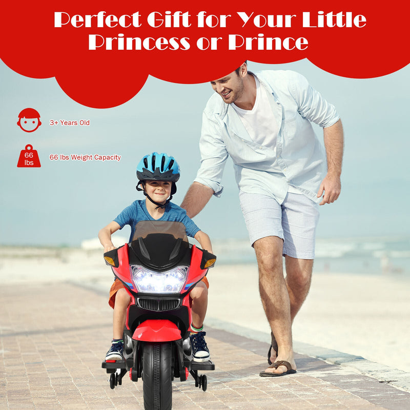 Red Electric Motor Bike for Kids with Training Wheels and Lights - 12V Ride On Motorcycle