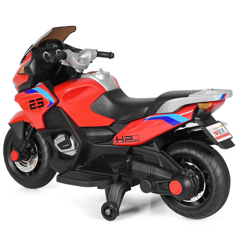 Red Electric Motor Bike for Kids with Training Wheels and Lights - 12V Ride On Motorcycle