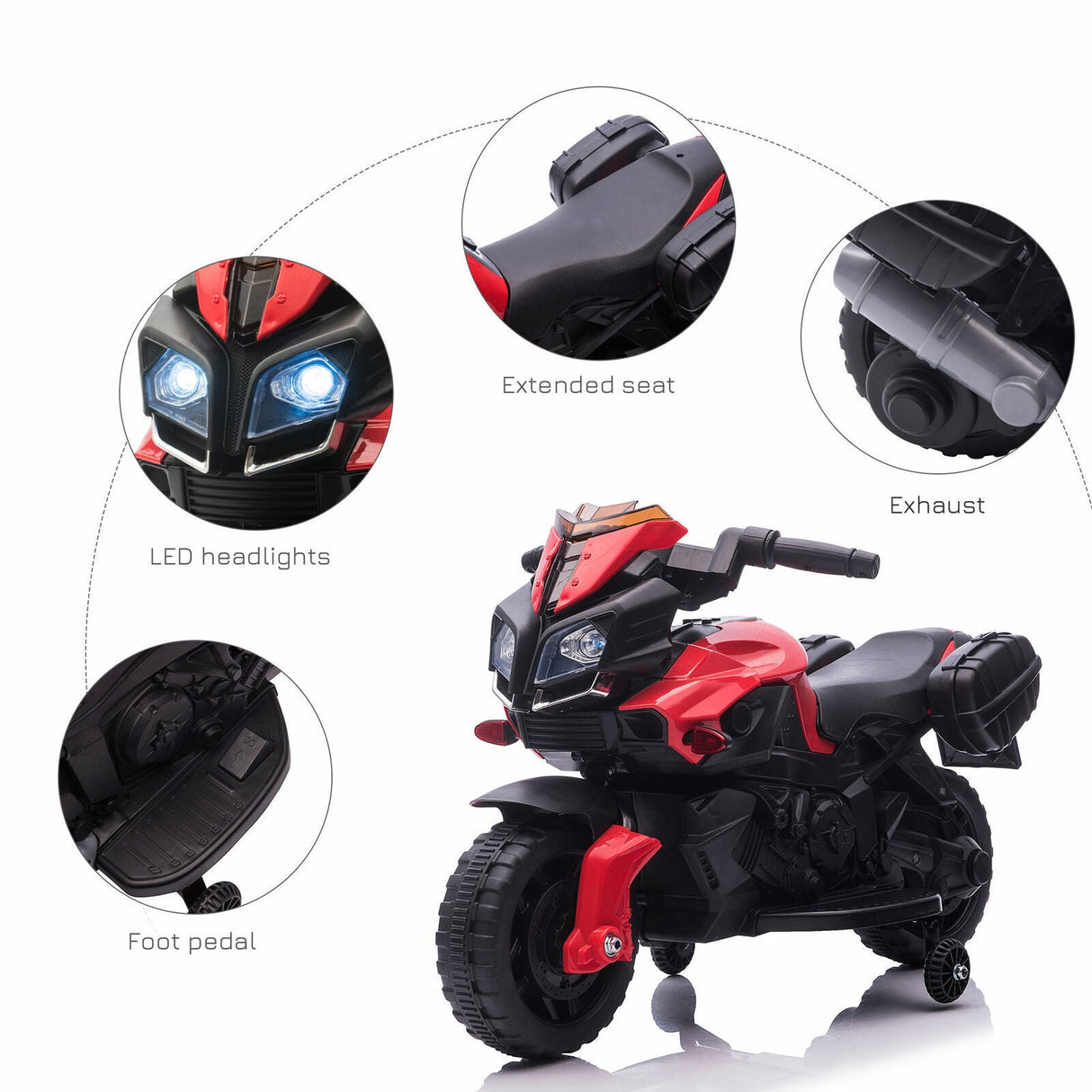 Red Electric Ride-On Motorcycle for Kids with Headlights and Training Wheels