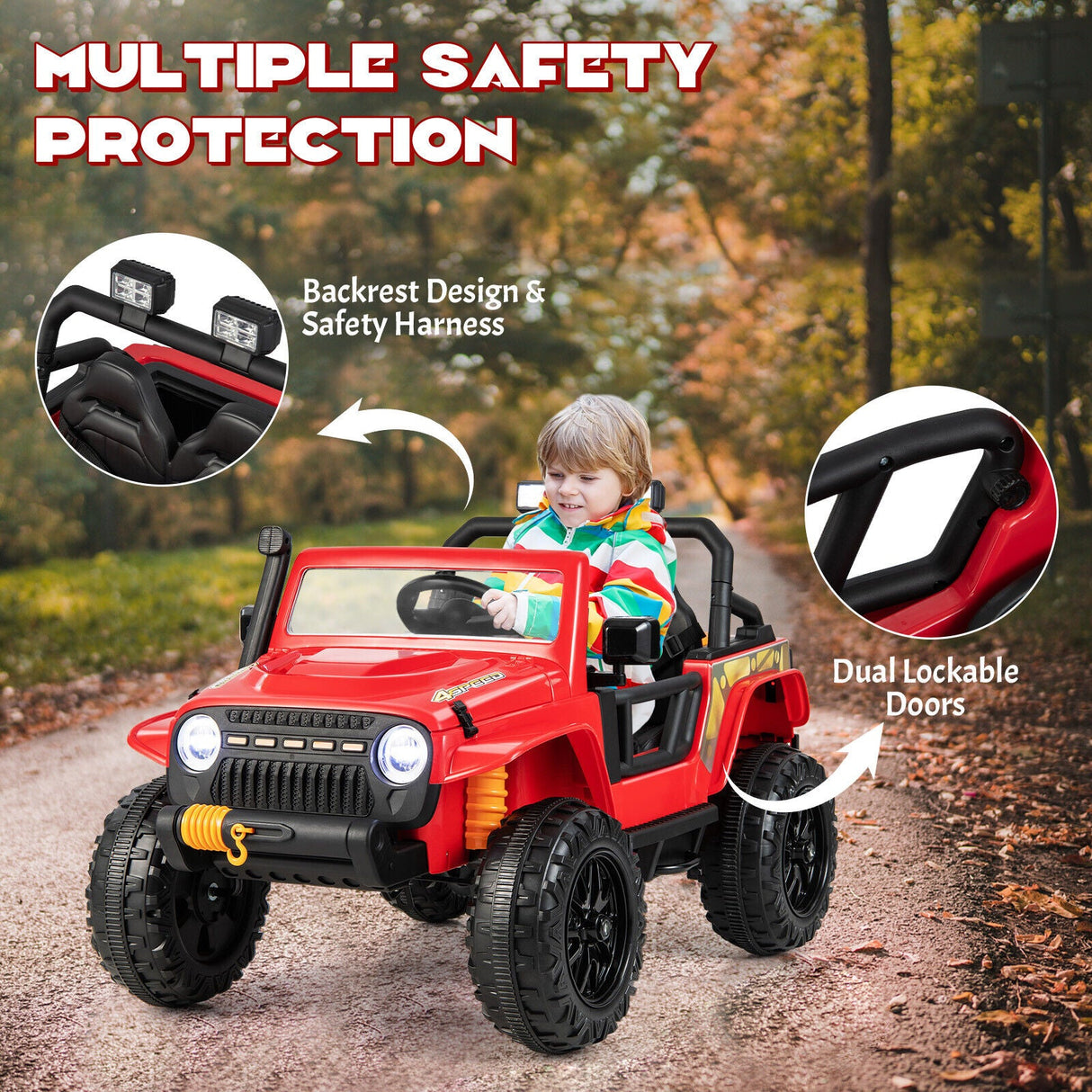 Red Parent-Child Ride On Truck Car with Remote Control, Music, and LED Lights - 12V 10AH