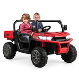 Red Ride-On Dump Truck with Dump Bed, Safety Belt, and Lockable Doors - 12V