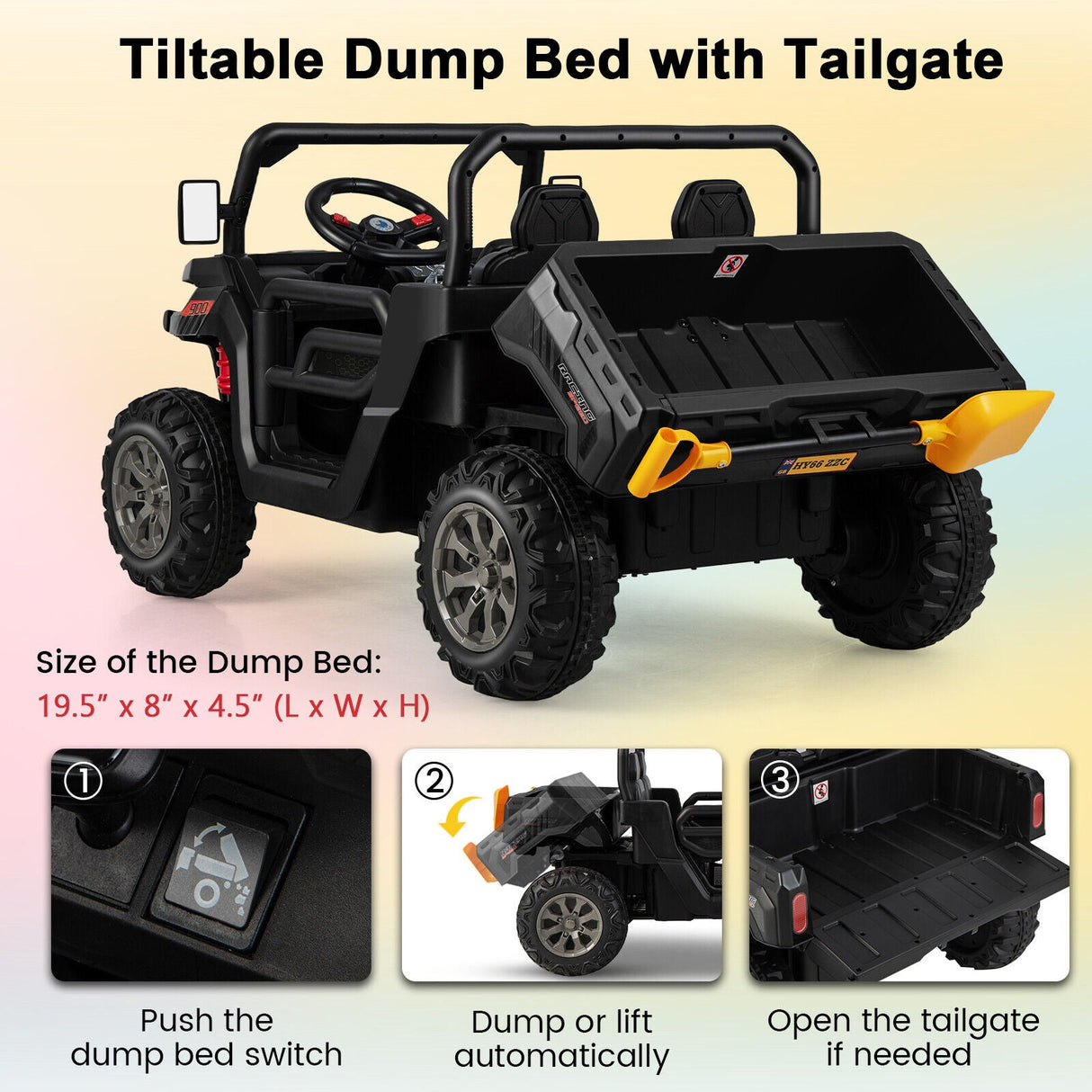 Remote Control Dump Truck with LED Headlights and Rear View Mirrors - 12V Ride-On Toy