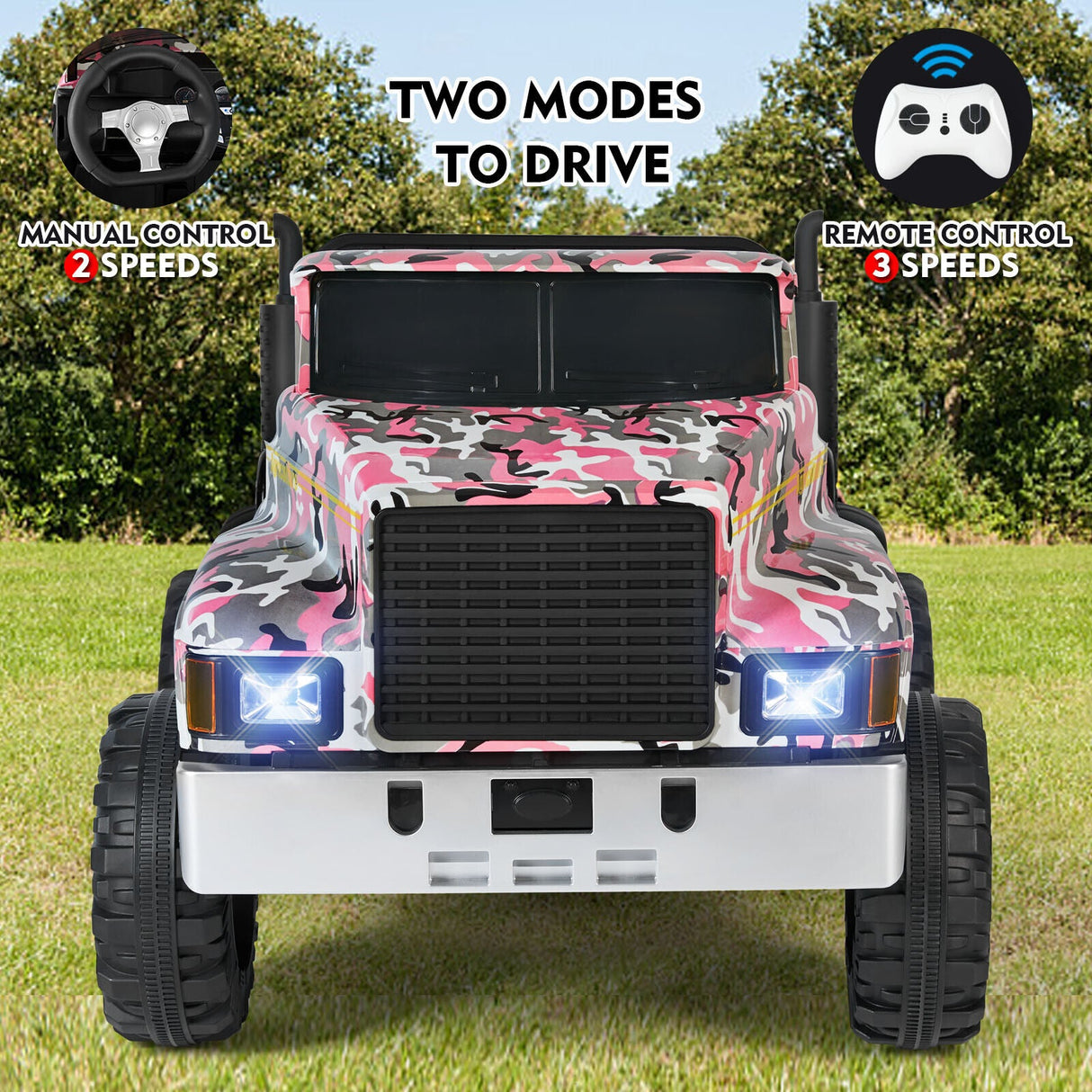 Camo Pink Ride-On Tractor with Trailer, Dump Bed, Bluetooth, and Remote Control - 3 Speed Options