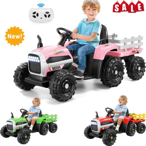 Remote Control Electric Tractor Car with Trailer for Kids - 12V Ride-On Toy