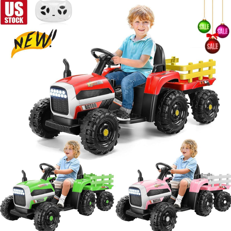 Remote Control Electric Tractor Car with Trailer for Kids - 12V Ride-On Toy