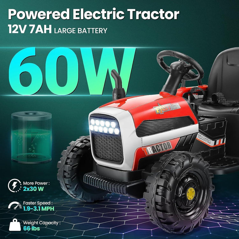 Remote Control Electric Tractor Car with Trailer for Kids - 12V Ride-On Toy