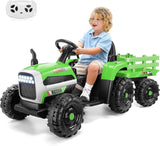 Remote Control Electric Tractor Car with Trailer for Kids - 12V Ride-On Toy