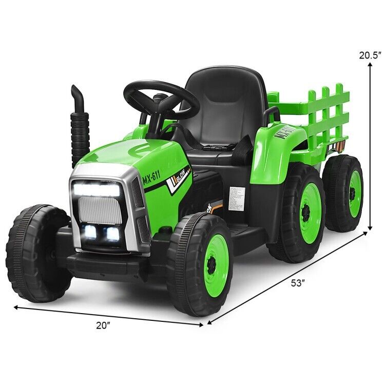Remote Control Ride-On Tractor with Trailer and Lights for Kids - 12V Ground Loader