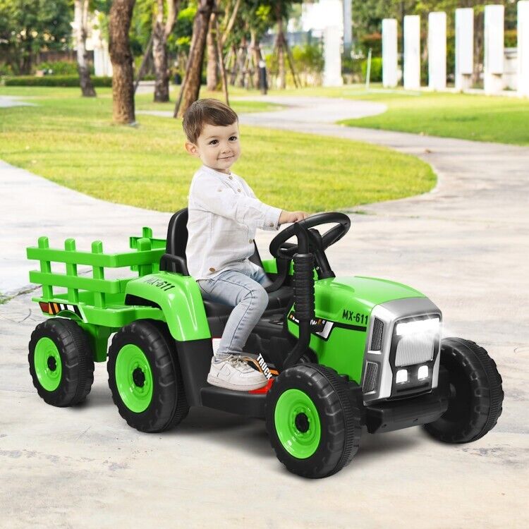 Remote Control Ride-On Tractor with Trailer and Lights for Kids - 12V Ground Loader