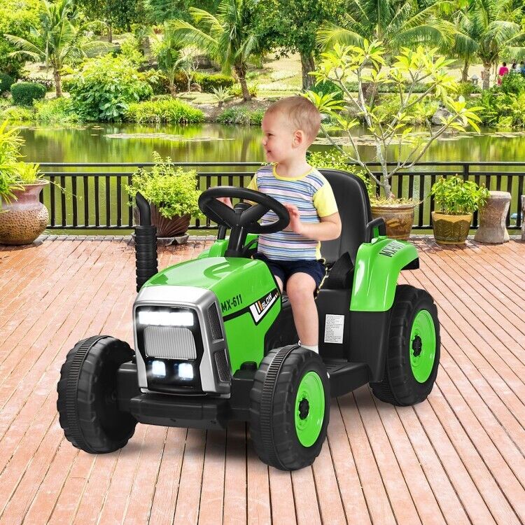 Remote Control Ride-On Tractor with Trailer and Lights for Kids - 12V Ground Loader