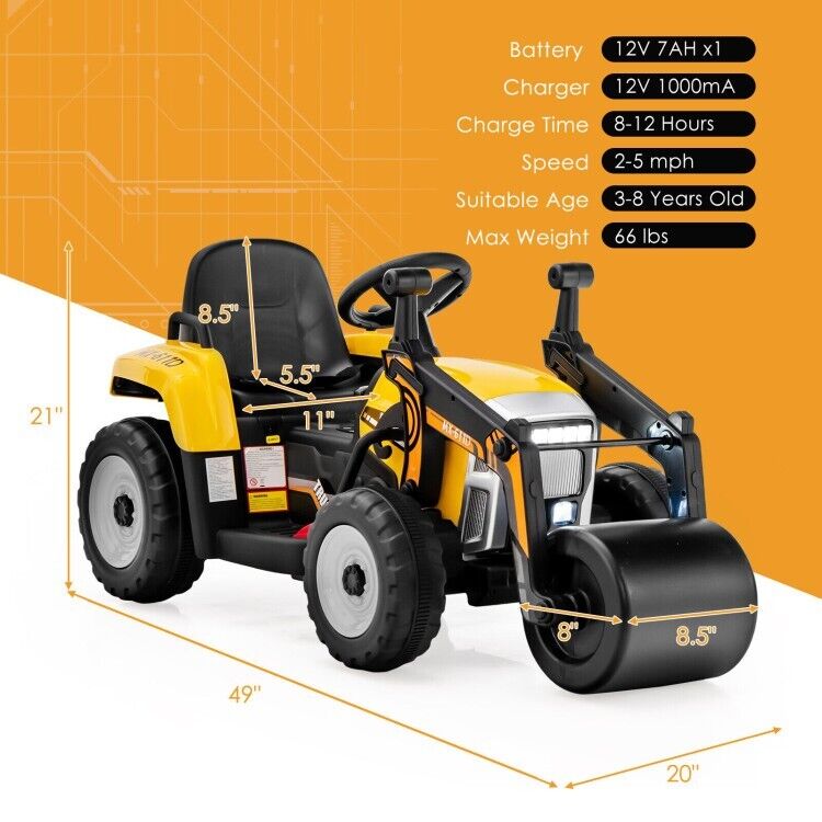 Remote Control Road Roller Ride-On Truck for Kids with Wide Seat