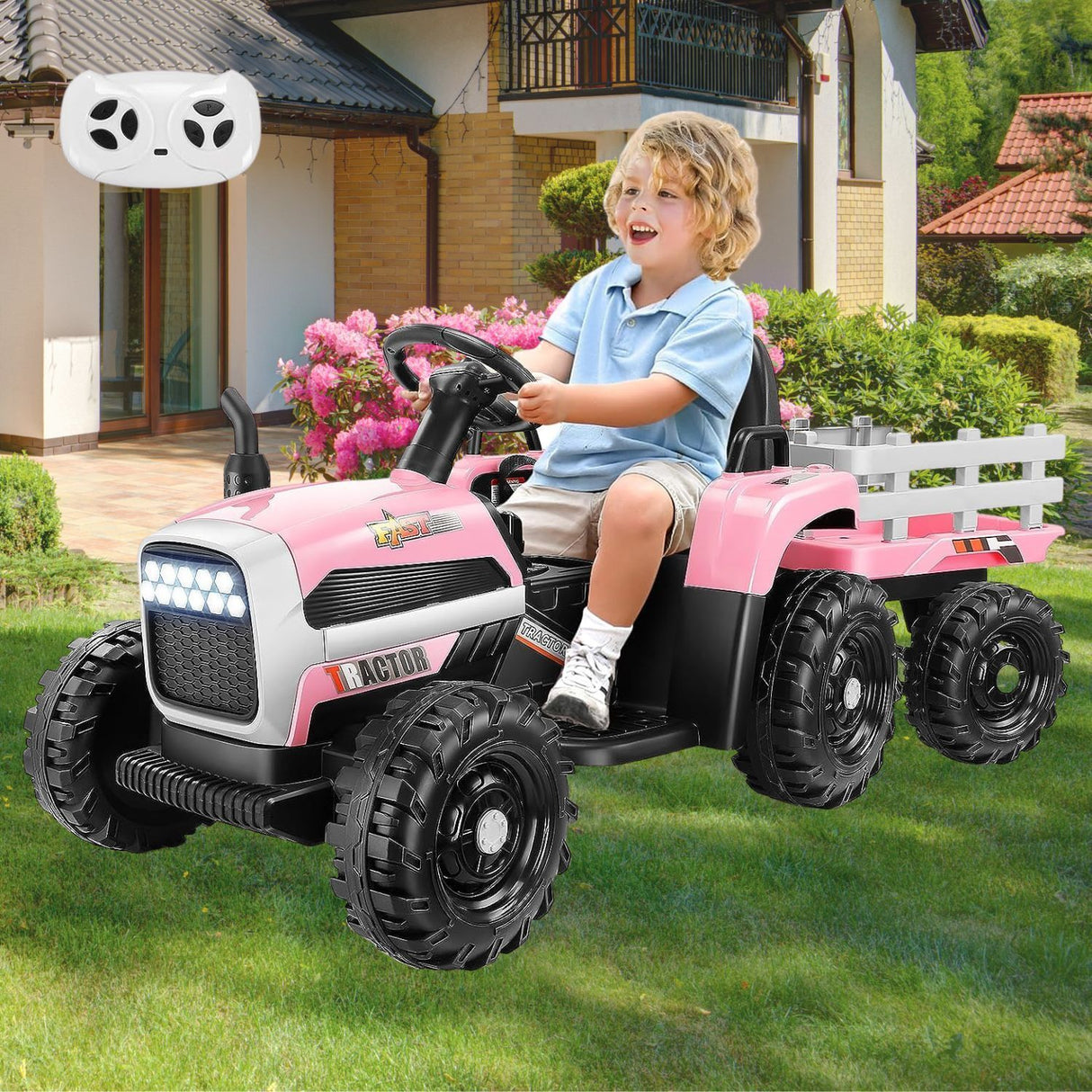 Remote-Controlled 12V Kids Tractor Car with Trailer - Electric Ride-On Toy