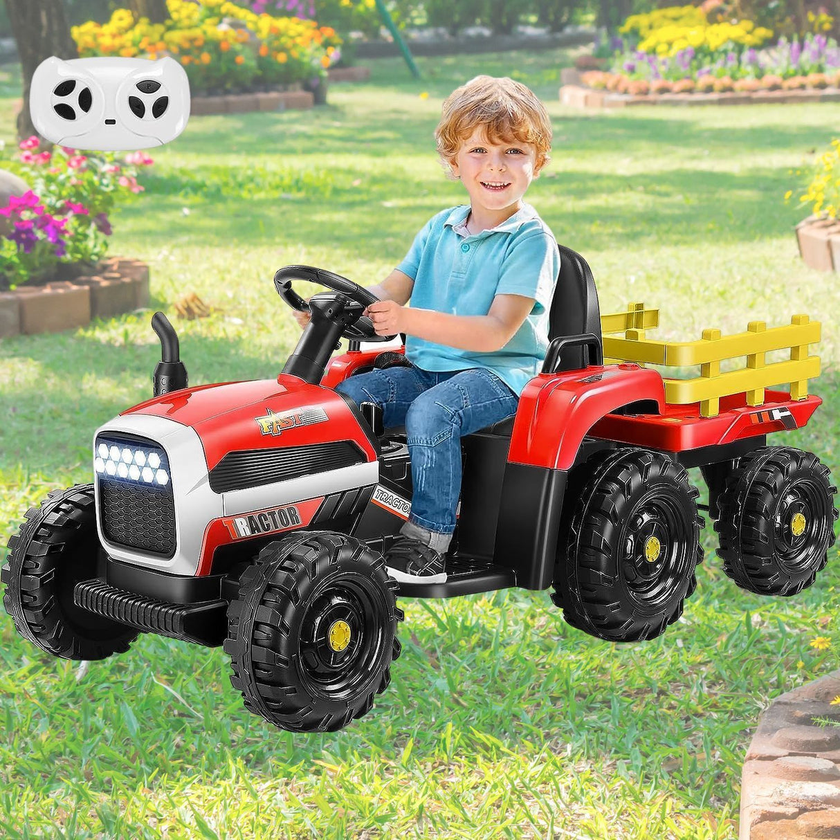 Electric Ride-On Tractor Car with Trailer for Kids - Remote Controlled Toy Vehicle (12V)