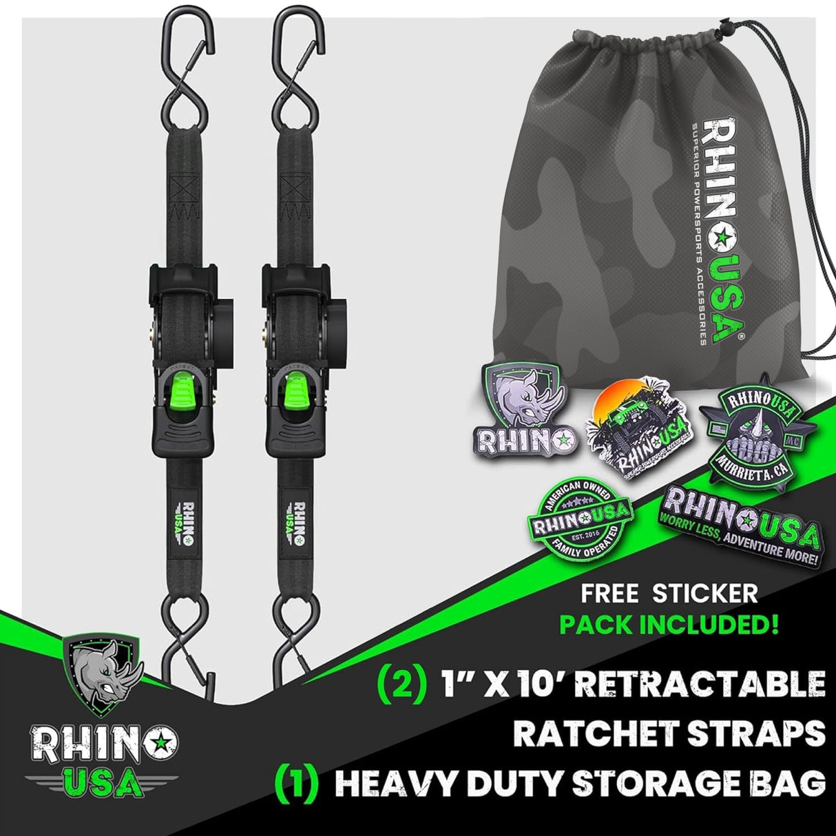 1" x 10' Retractable Ratchet Straps