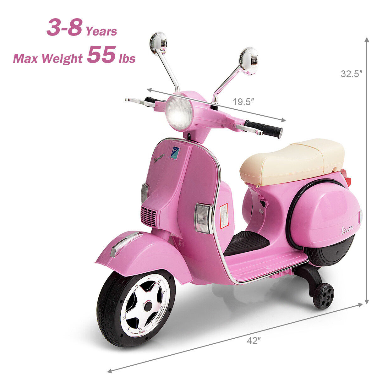 Ride in Style: Pink 6V Kids Vespa Scooter with Training Wheel and Headlight
