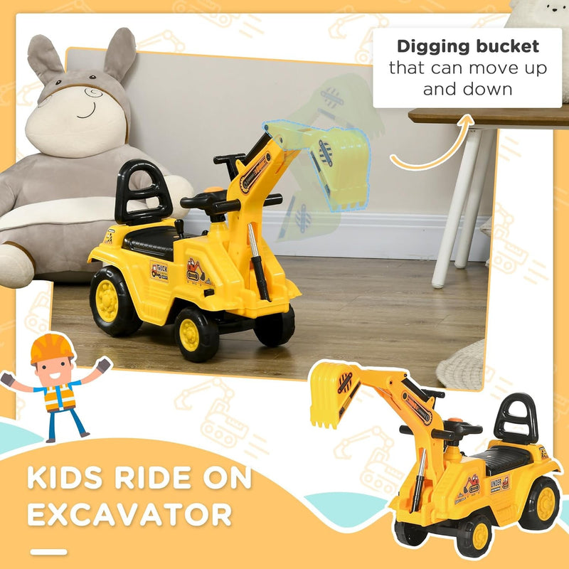 Kids Ride-On Excavator Truck with Pull Cart, Horn, and Under-Seat Storage
