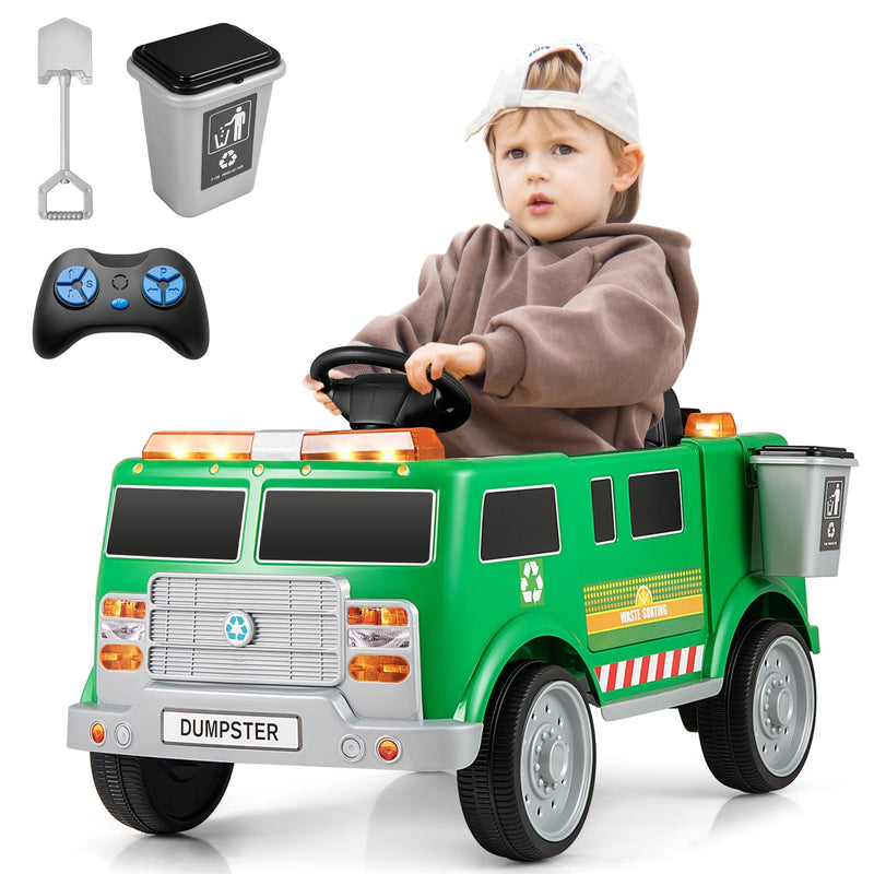 Ride-On Garbage Truck with Remote Control, Trash Bin, Shovel, Lights, and Sound Effects