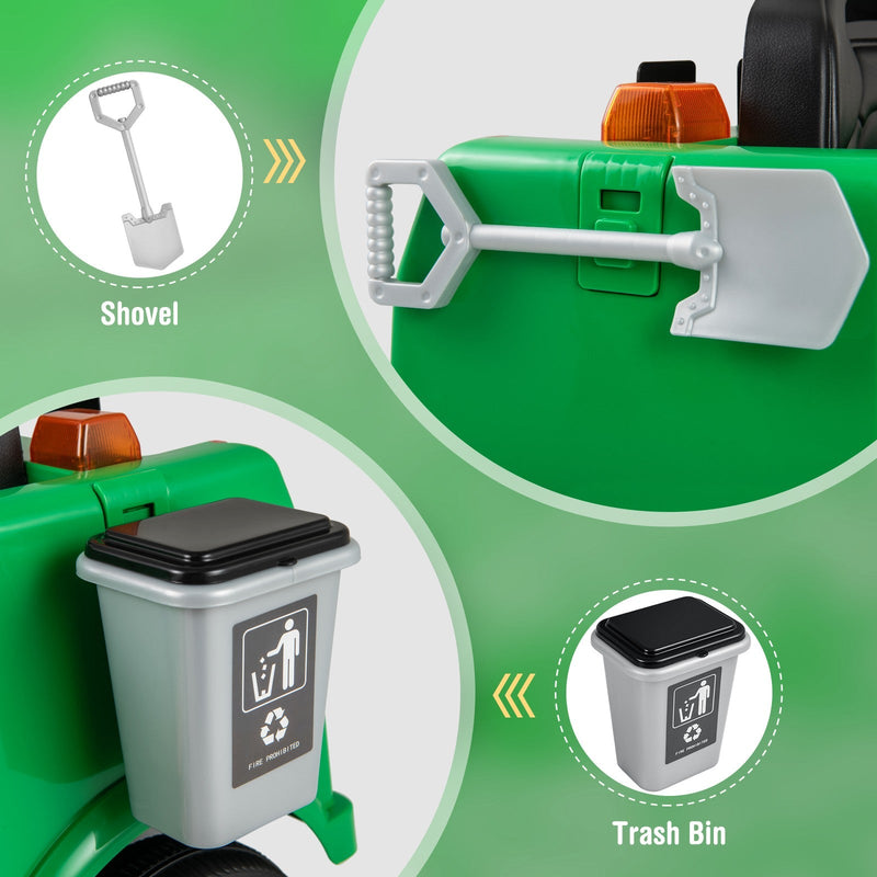 Ride-On Garbage Truck with Remote Control, Trash Bin, Shovel, Lights, and Sound Effects