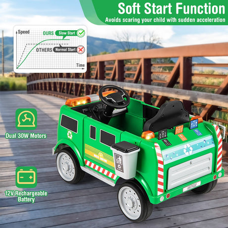 Ride-On Garbage Truck with Remote Control, Trash Bin, Shovel, Lights, and Sound Effects