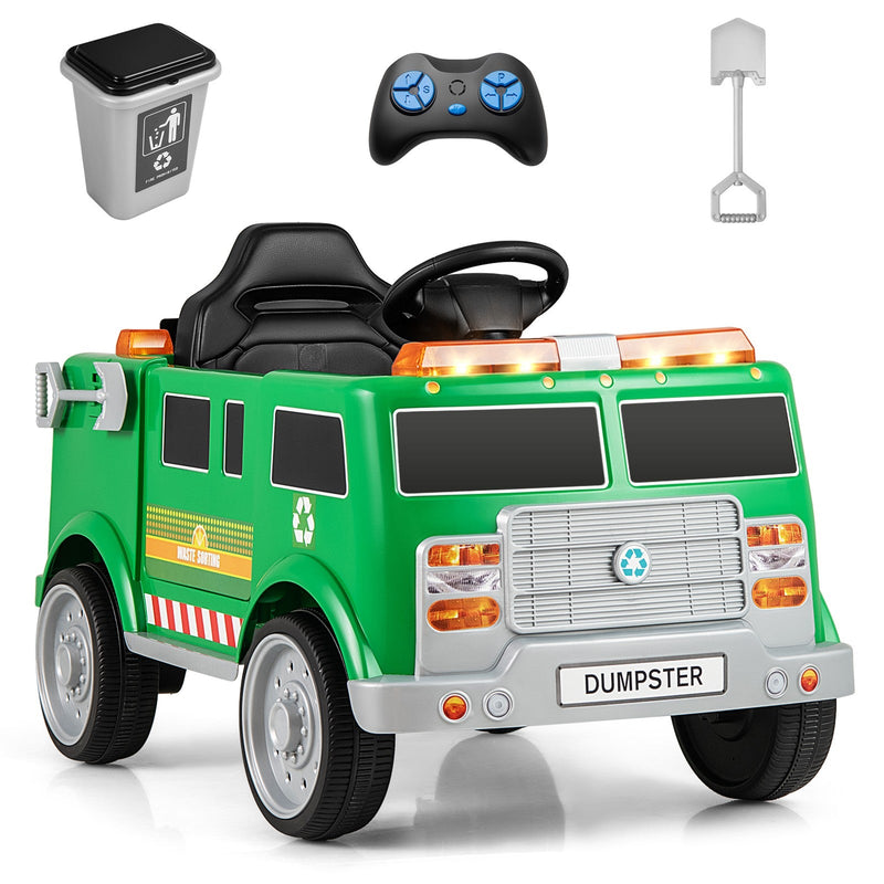 Ride-On Garbage Truck with Remote Control, Trash Bin, Shovel, Lights, and Sound Effects
