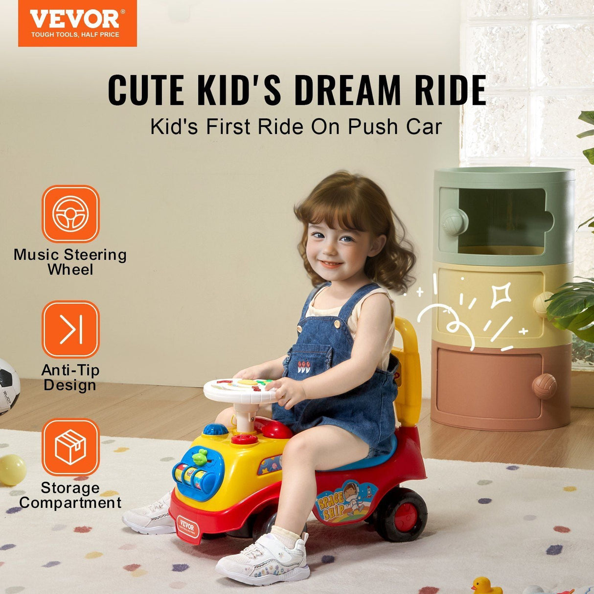 Toddler Ride-On Push Car with Music and Steering Wheel for Ages 1-3