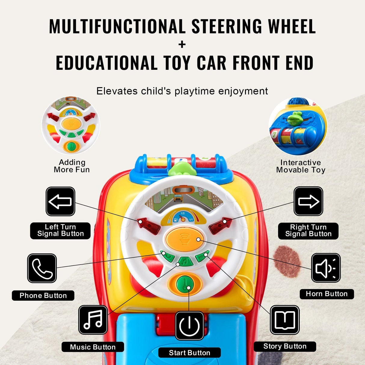 Toddler Ride-On Push Car with Music and Steering Wheel for Ages 1-3