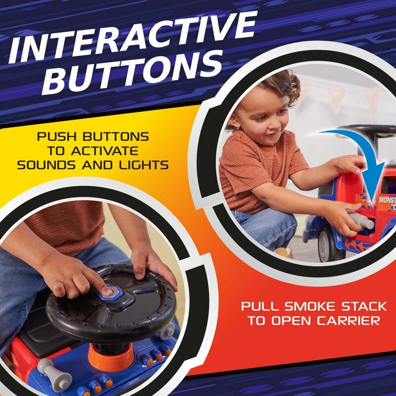 Interactive Monster Truck Ride-On Toy Carrier for Kids Ages 1-3, Supports up to 44 lbs, Unisex