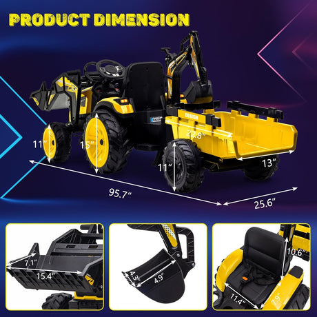24V Electric Ride-On Tractor with Excavator, Trailer, and Digger Attachments