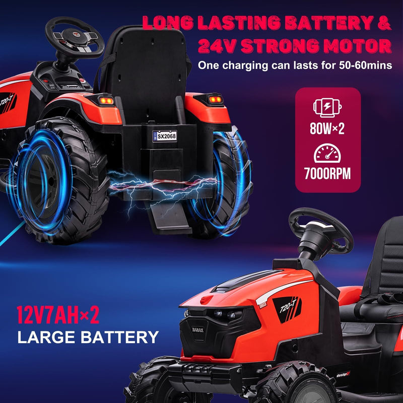 24V Electric Ride-On Tractor for Kids with Trailer, Excavator and Bulldozer Attachments