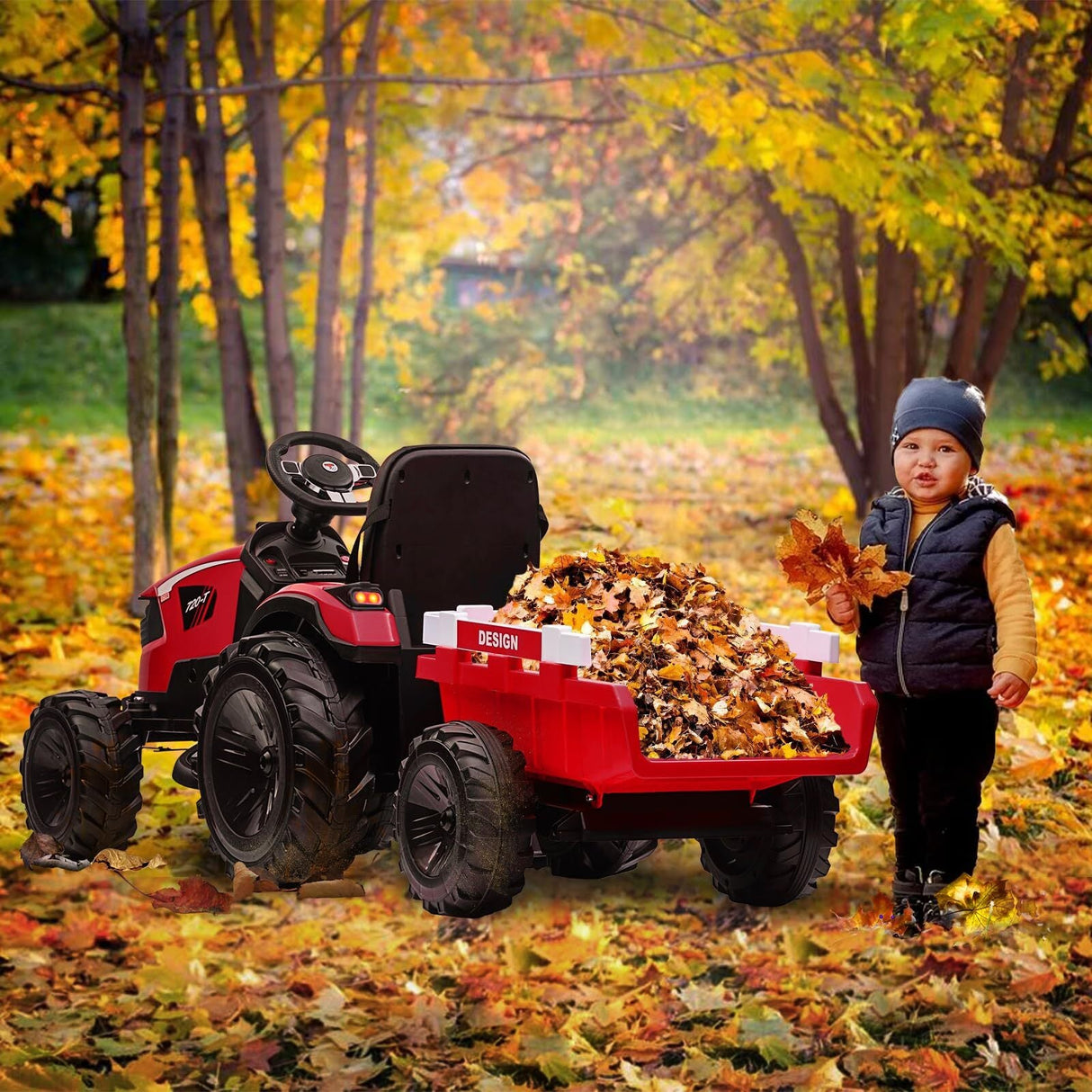 24V Electric Ride-On Tractor for Kids with Trailer, Excavator and Bulldozer Attachments