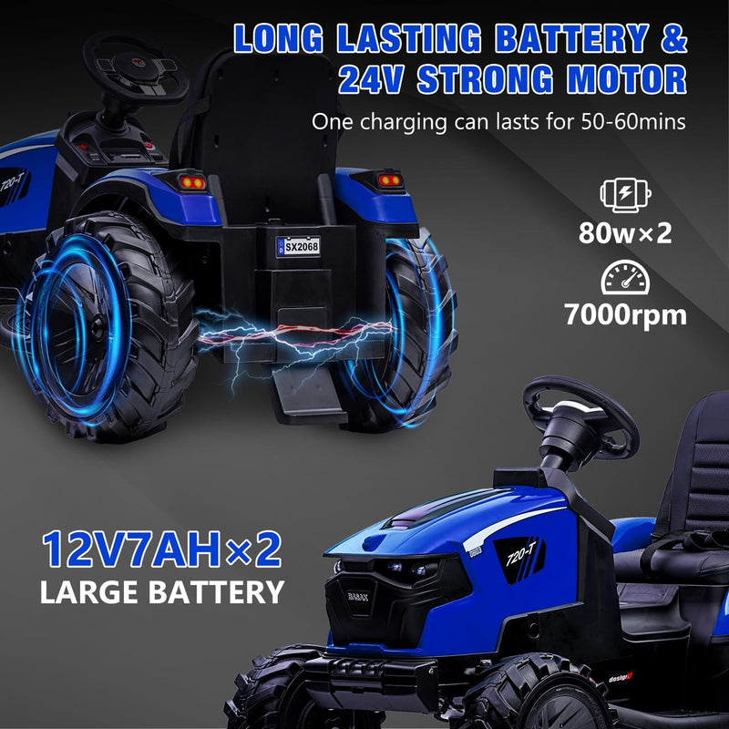 24V Electric Ride-On Tractor for Kids with Trailer, Excavator and Bulldozer Attachments