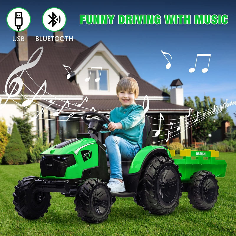 24V Electric Ride-On Tractor for Kids with Trailer, Excavator, and Bulldozer Attachments