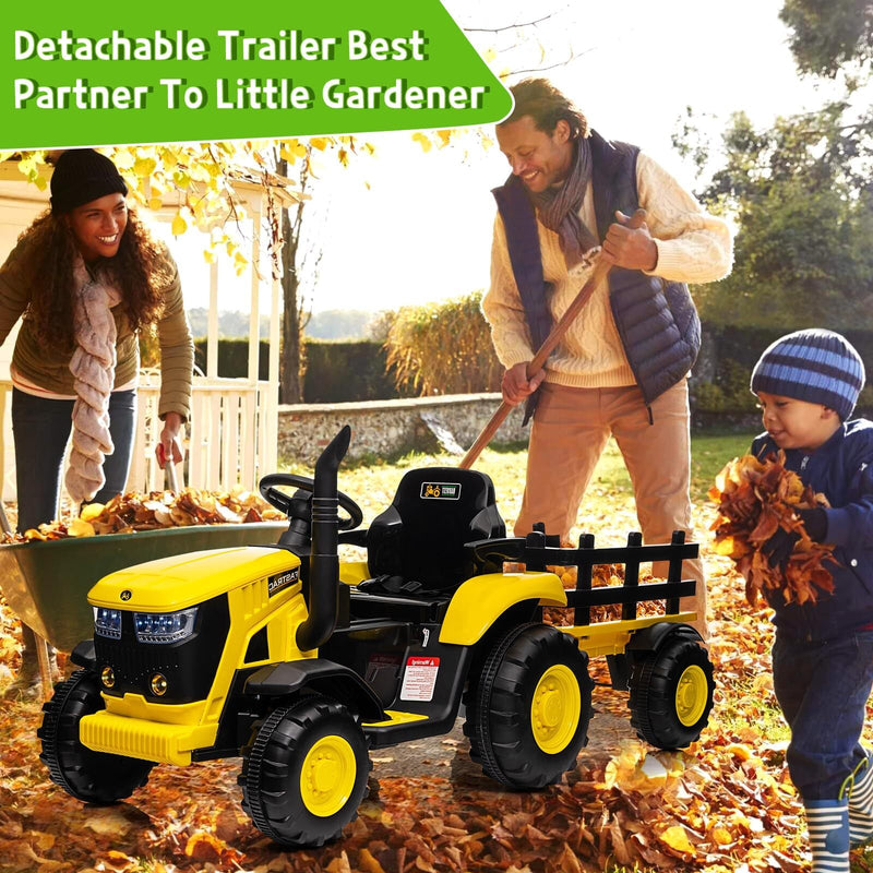 12V Electric Ride-On Tractor with Trailer for Kids, Battery Powered Vehicle