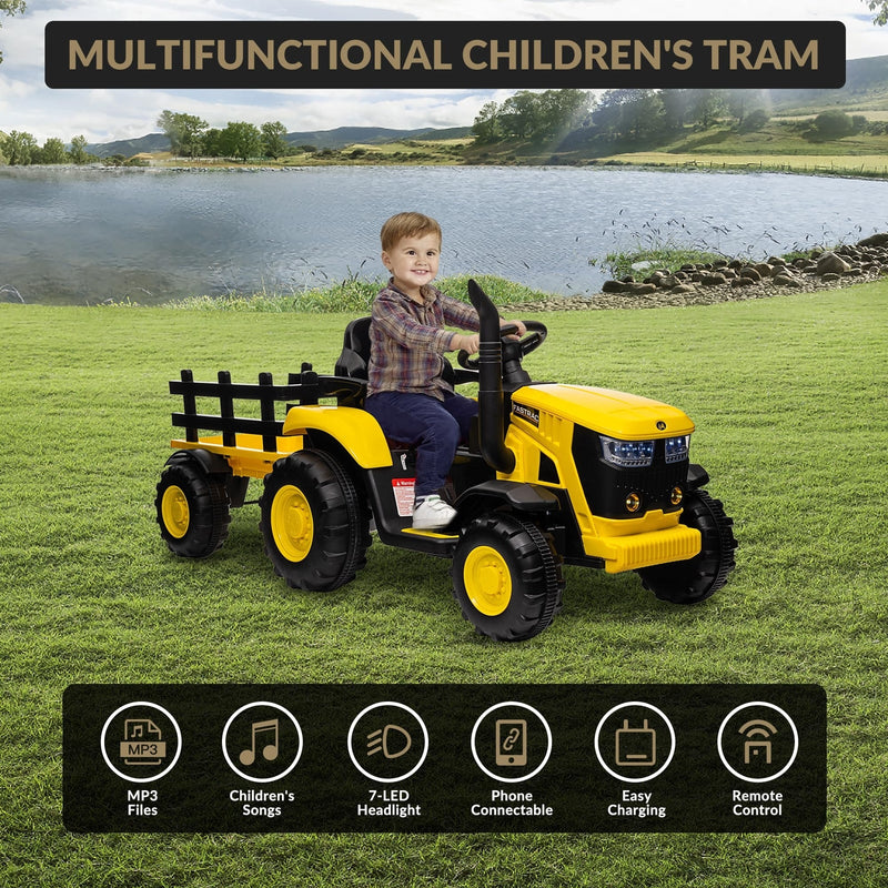 12V Electric Ride-On Tractor with Trailer for Kids, Battery Powered Vehicle