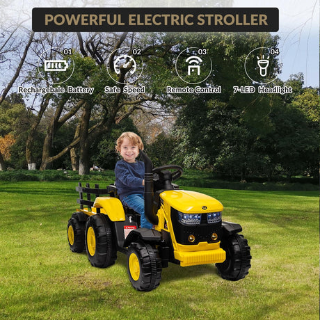 12V Electric Ride-On Tractor with Trailer for Kids, Battery Powered Vehicle