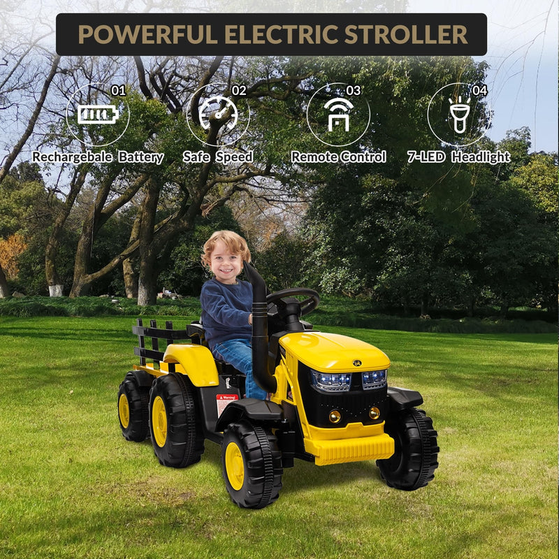 12V Electric Ride-On Tractor with Trailer for Kids, Battery Powered Vehicle