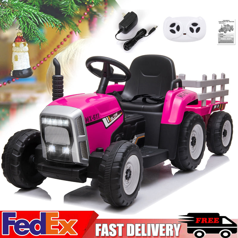 12V Battery-Powered Electric Ride-On Tractor Toy with Trailer and Remote Control